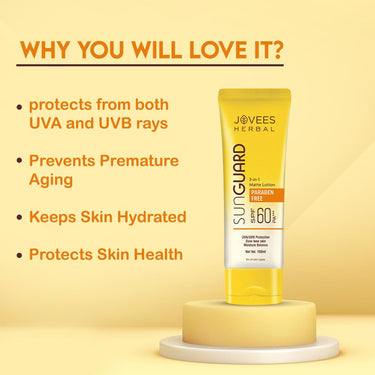 Jovees Herbal Sun Guard Lotion SPF 60 Pa+++ Broad Spectrum For All Skin | 3 in 1 Matte Lotion UVA/UVB Protection, Moisture Balance, Even Tone Skin For Women/Men 100ml